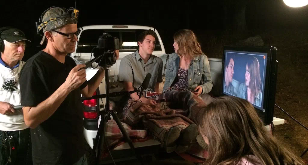 The movie TODAY on location at the Brooks home front yard at night in Grass Valley, California with Steve Stubbs on audio, Brendan Brooks on camera, Harrison McCormick and Hayley Pritchard in the bed of the truck.